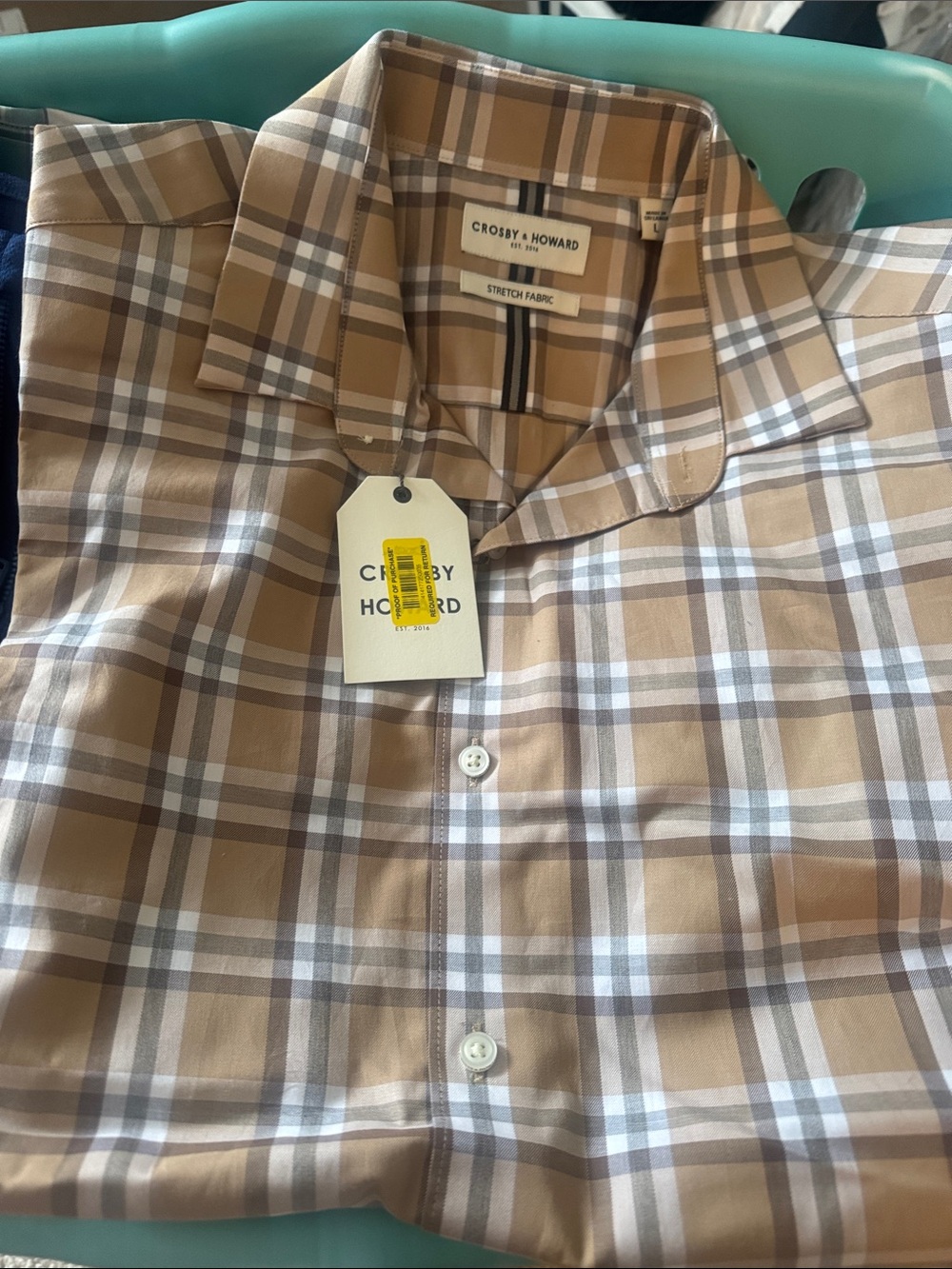 Crosby & Howard Men’s Tan Plaid Stretch Button-Down Shirt